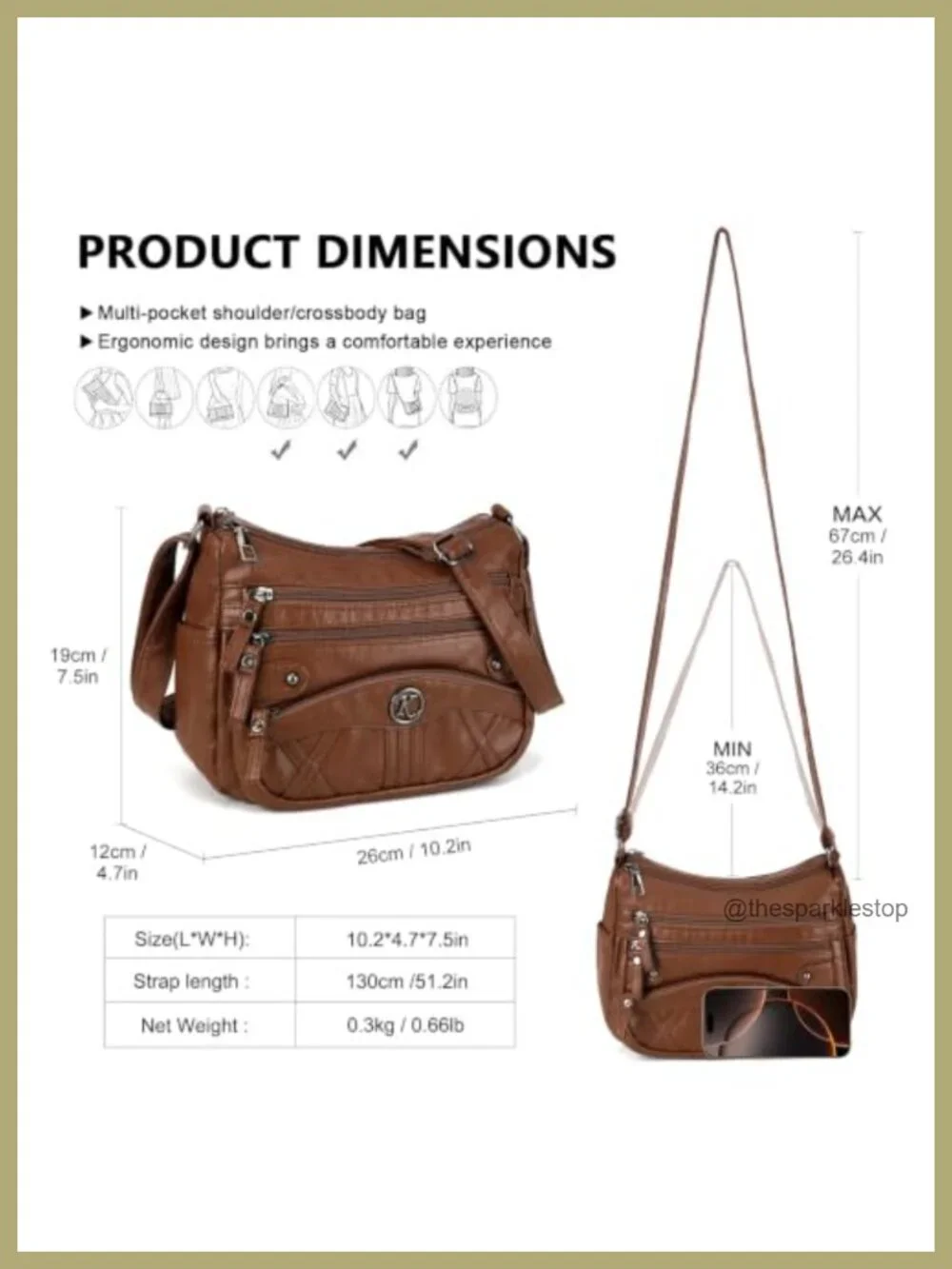 Soft Faux Leather Crossbody Bag Multi Zipper Pockets Wide Strap Purse